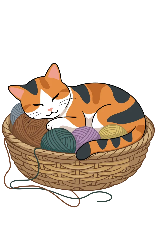 Котик Ниткаль дрімає в кошику з клубками пряжі